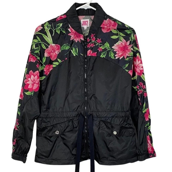 Juicy Couture Jacket Windbreaker Floral Womens Size Small Black Pink Long Sleeve - Picture 1 of 12